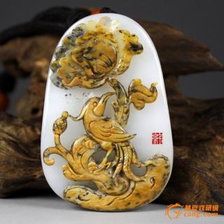 和田玉白玉虎皮籽料精雕花开富贵把件